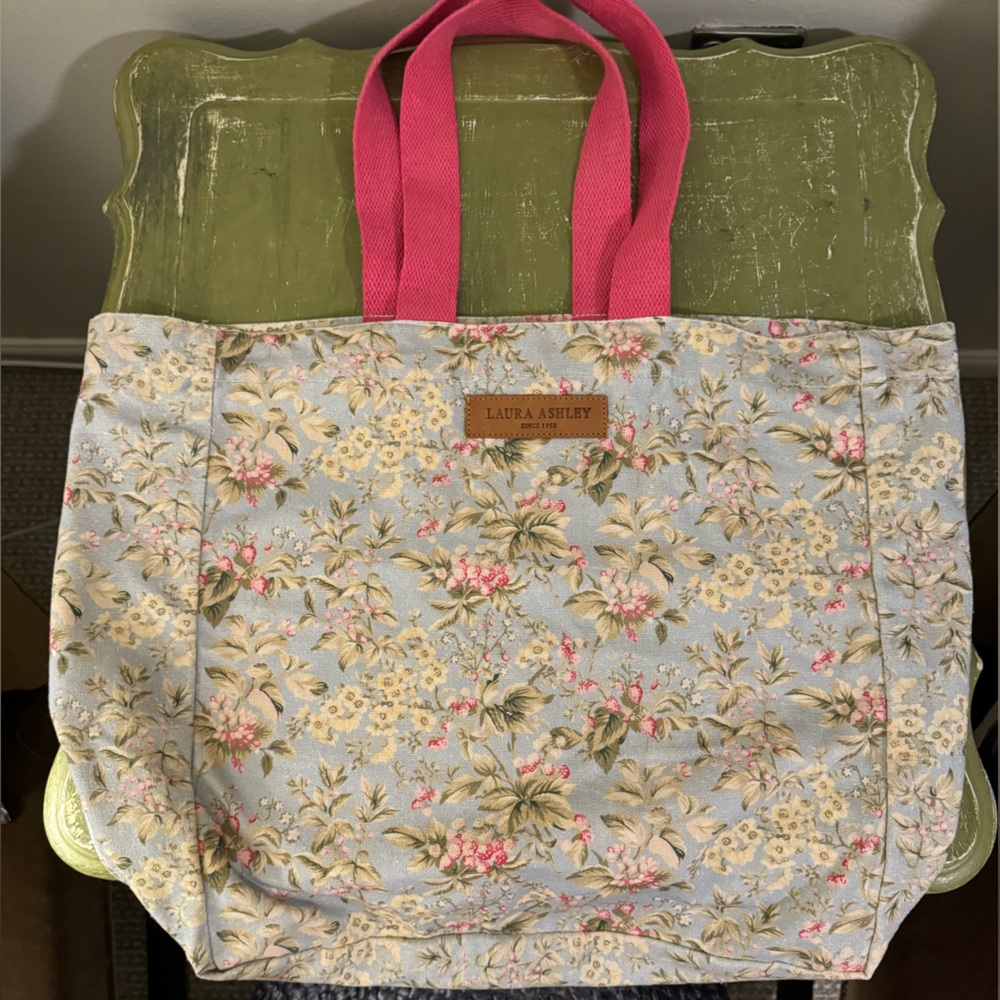 Laura Ashley vintage blue girly floral cotton canvas tote